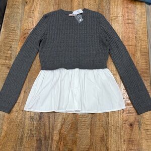 Ribbed Sweater with White Layered Hem